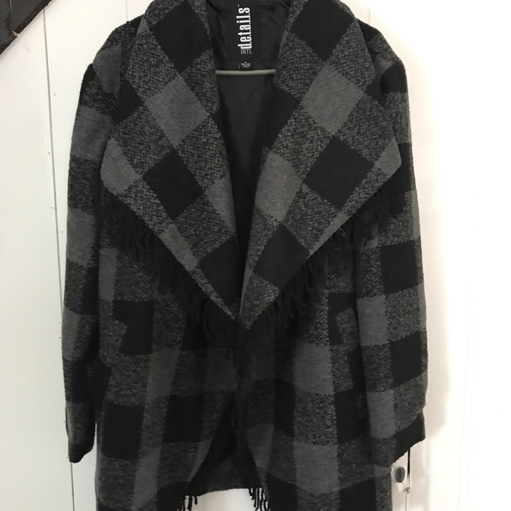 NWT Details plaid fringe coat.